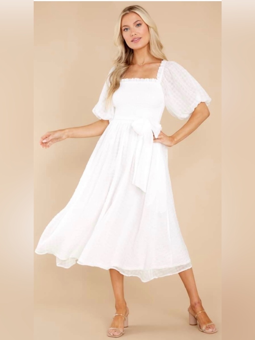 Never Ending Love Story White Puff-Sleeve Midi Dress with Waist Tie NWOT Small